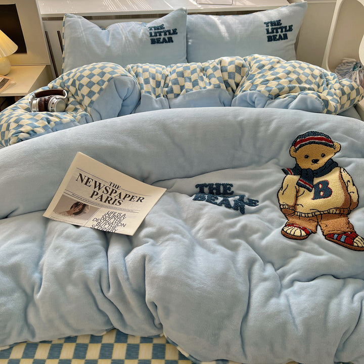 Plush Embroidered Cat Stripe Comforter Bedding Set