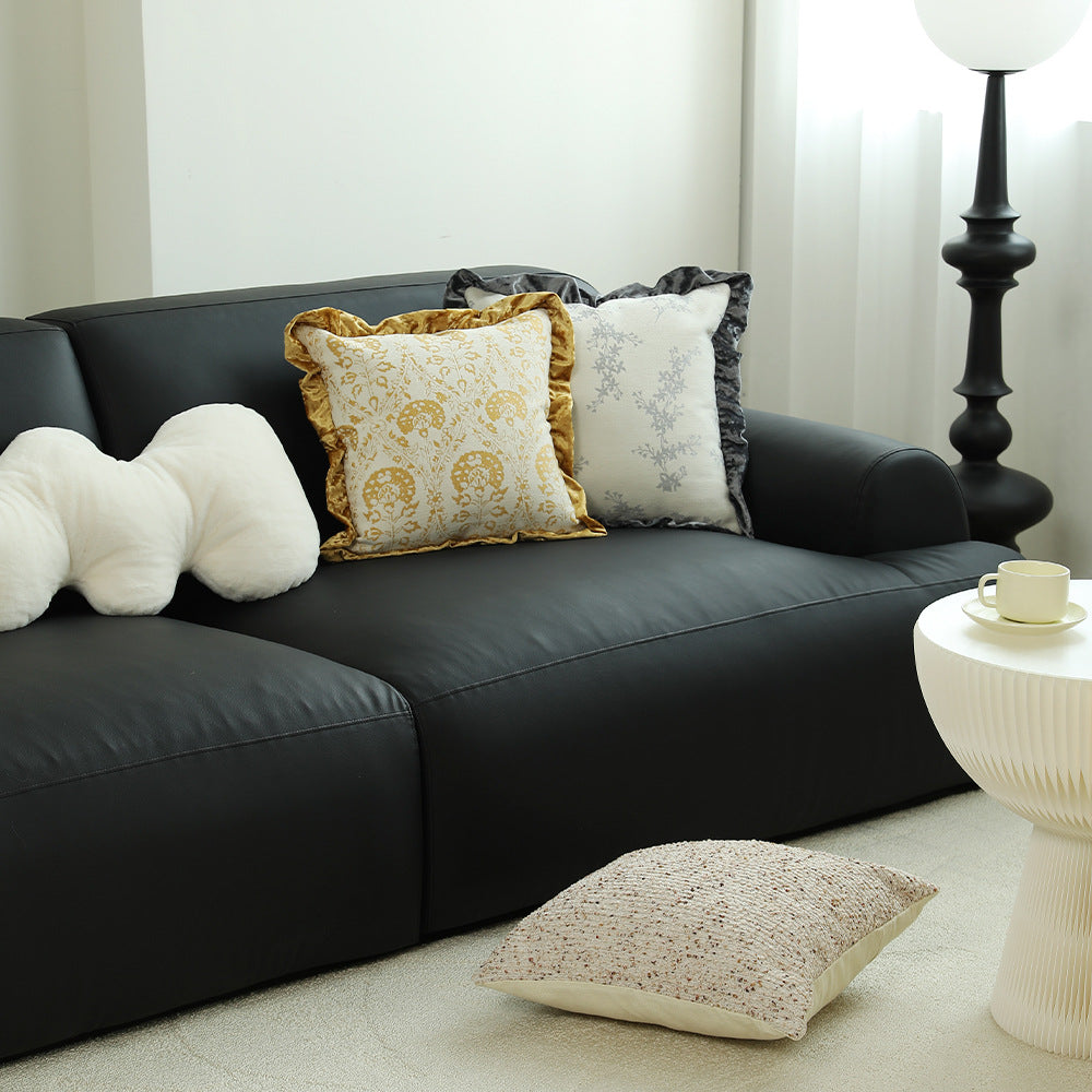 Square decorative pillow in Baroque style with velvet ruffle and putto jacquard