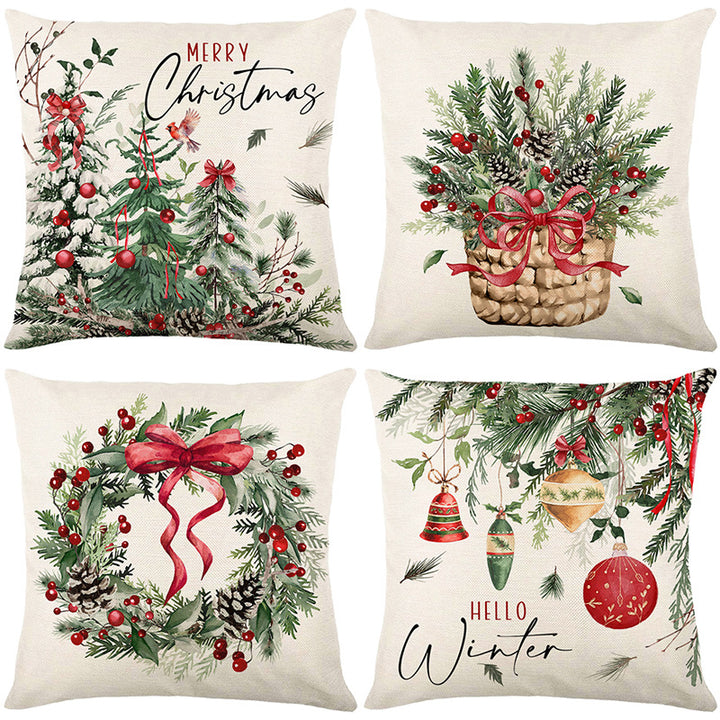 Festive Botanical Wreath Linen-Texture Square Pillow Cover
