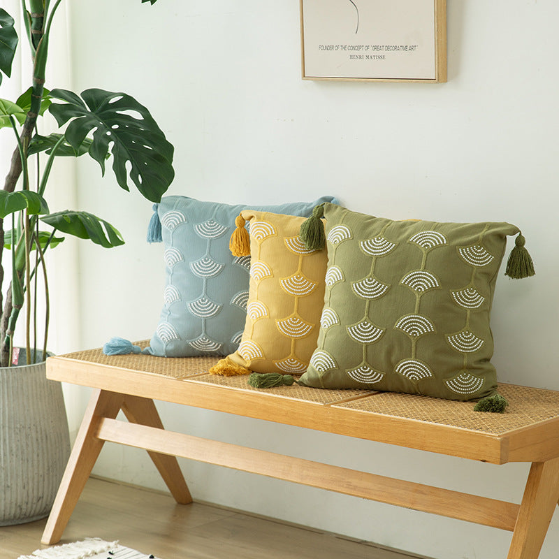 Embroidered decorative pillow with tassels and geometric pattern Stornfield