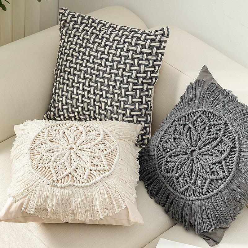 Decorative macrame pillow cover with mandala application and fringes Stornfield