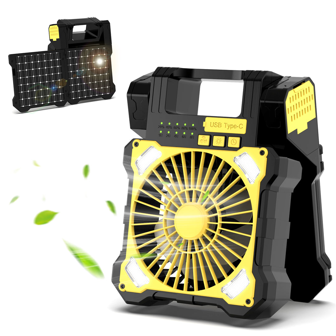 Cooling portable solar camping fan with USB-C power bank and integrated LED work light Stornfield