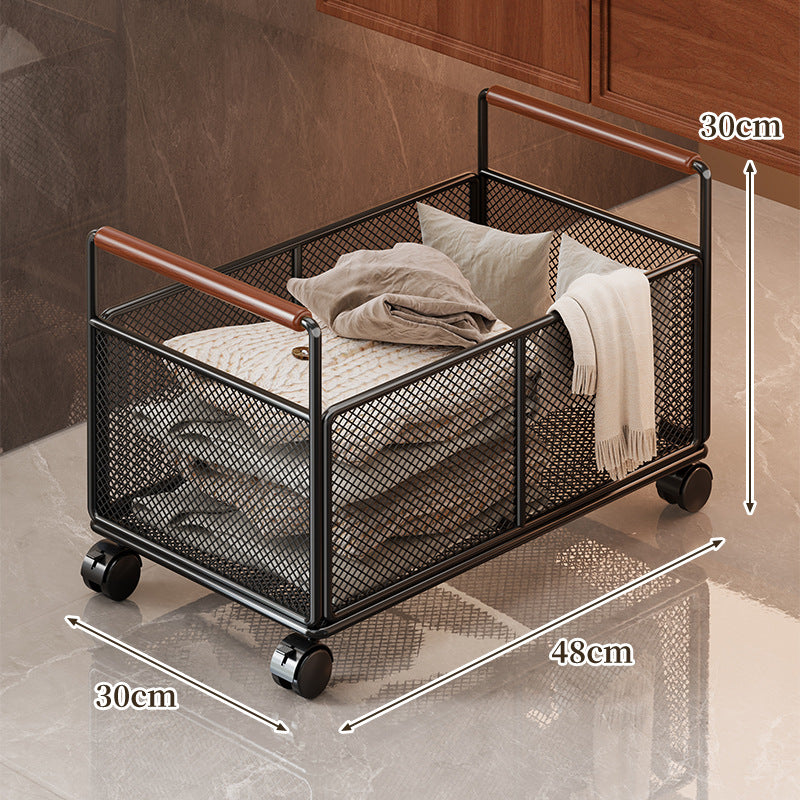 Freestanding Mesh Storage Crate with Wooden Grip Handles for Living Room and Laundry