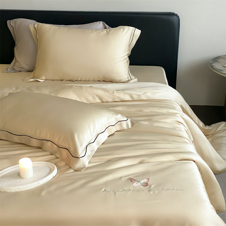 Elegant Satin Bedding Set with Fine Piping and Embroidered Butterfly