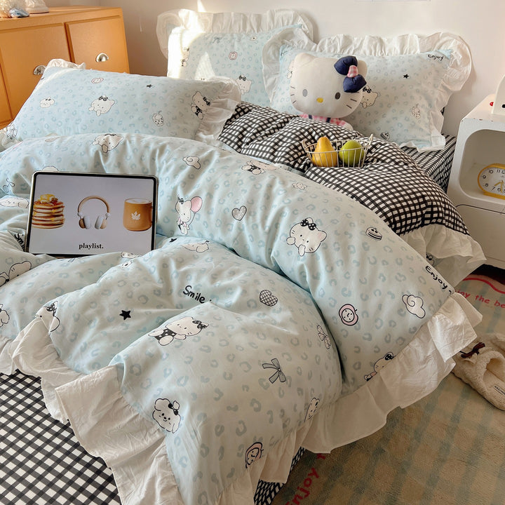 Cartoon Plaid Cotton Percale Duvet Cover Set with Ruffled Sham and Reversible Back