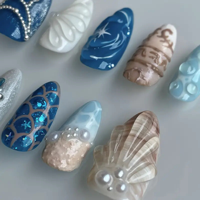 Artistic Ocean-Themed Press-On Nail Art Stornfield