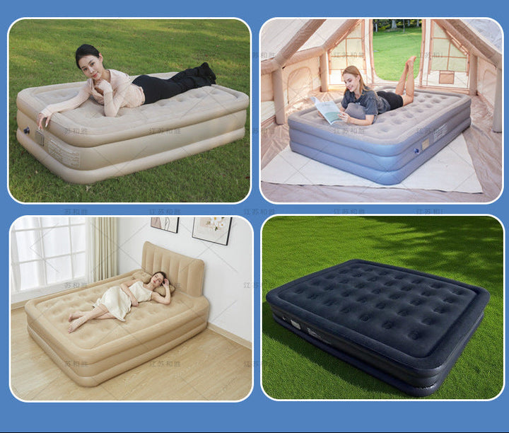 automatic inflate double flocked air mattress with integrated electric pump and raised edge comfort Stornfield