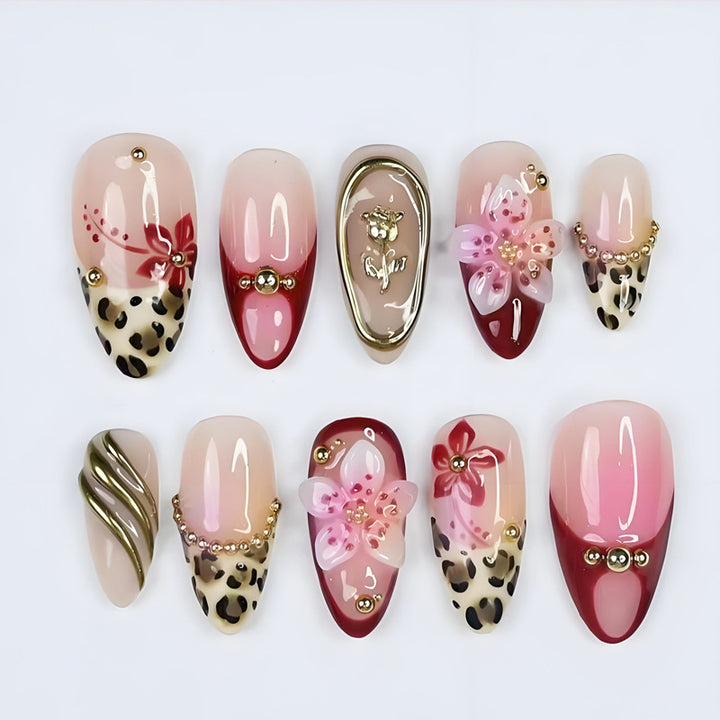 Artistic Decorative Press-On Nail Art Set with Floral and Leopard Patterns Stornfield