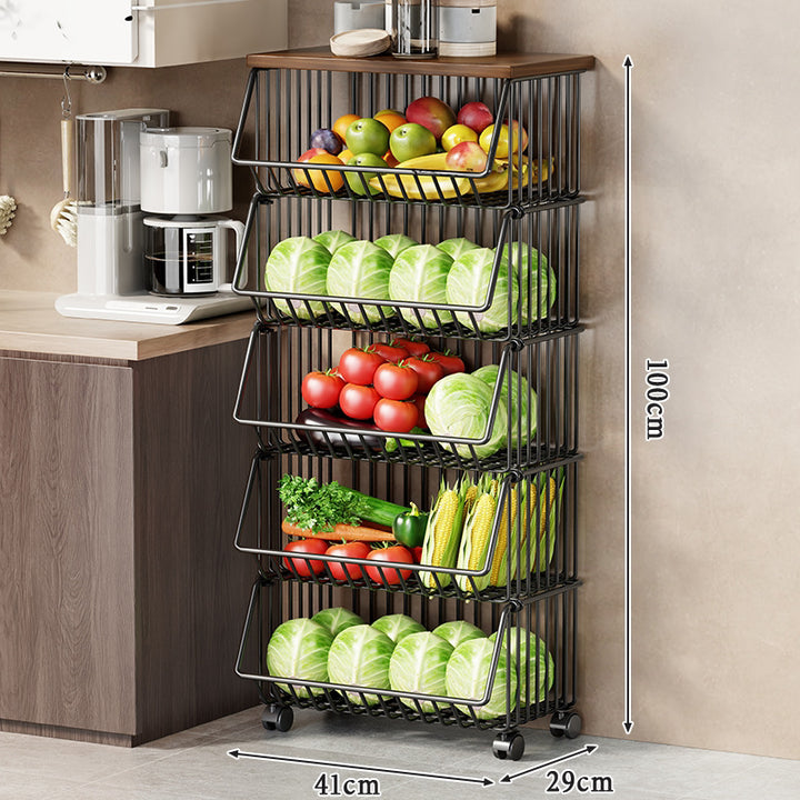 Slim Vertical Multi-Tier Fruit and Vegetable Storage Cart with Wood Top and Locking Casters