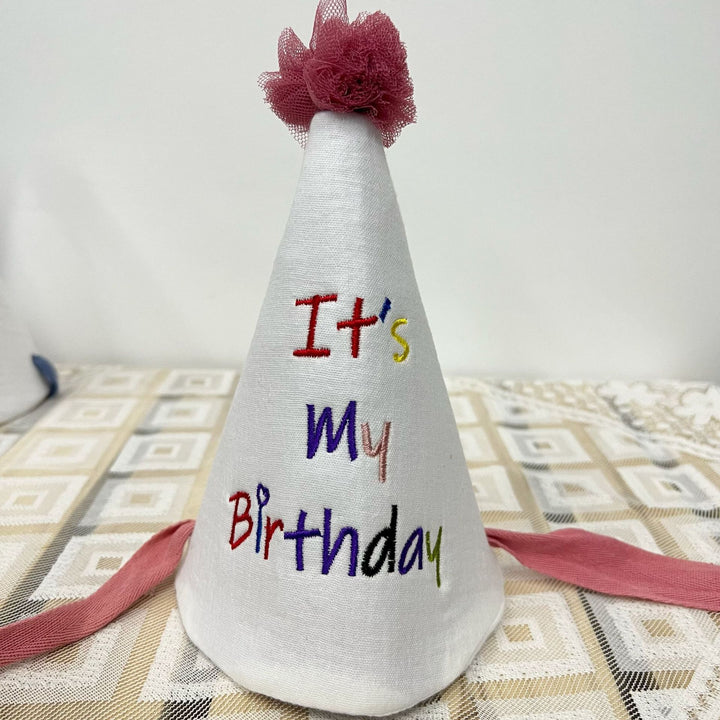 Children's Embroidered Cotton Birthday Cone Hat with Tulle Pom Pom and Adjustable Chin Ties