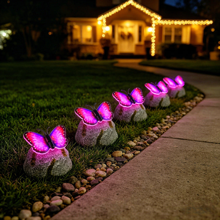 Decorative Solar-Powered Butterfly Perched Stone LED Garden Accent Stornfield