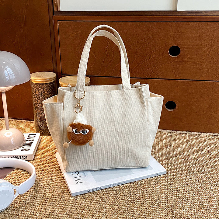 Textured Corduroy Tote Bag with Cute Plush Charm