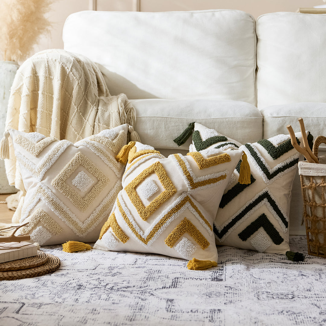 Tufted Geometric Boho Square Throw Pillow Cover with Corner Tassels and Hidden Zipper