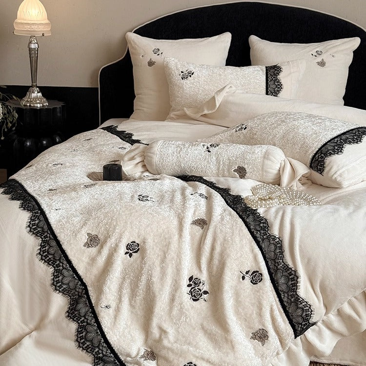Embroidered Ruffled Duvet Cover Set with Black Lace Trim