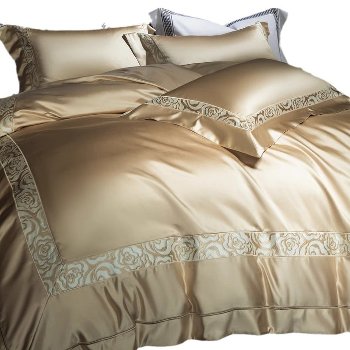 Luxury Satin Duvet Cover Set with Floral Jacquard Border