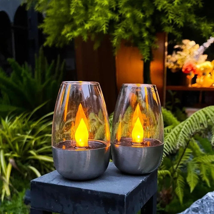 LED Flameless Glass Votive Lantern Pair With Realistic Flicker Flame And Metal Base Stornfield