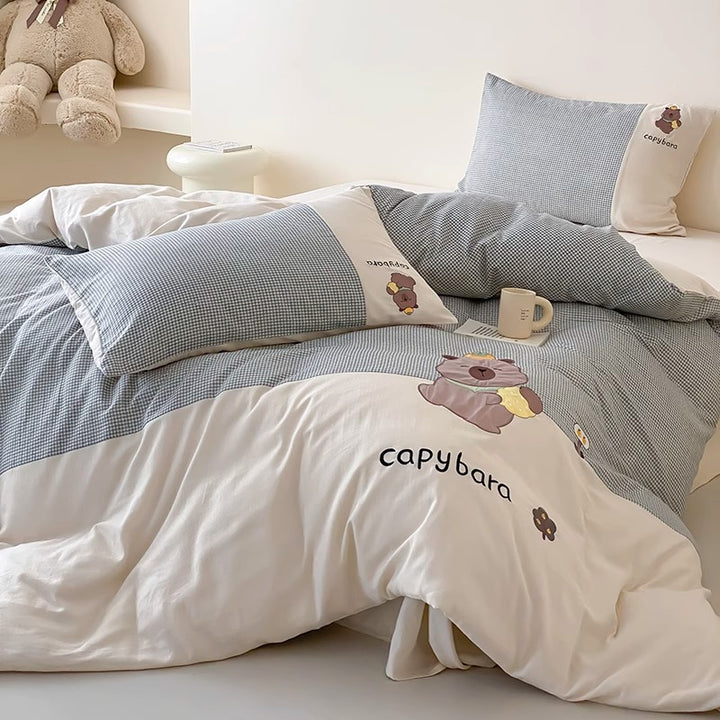Cotton-Sateen Capybara Embroidered Duvet Cover and Pillowcase Set with Gingham Panel