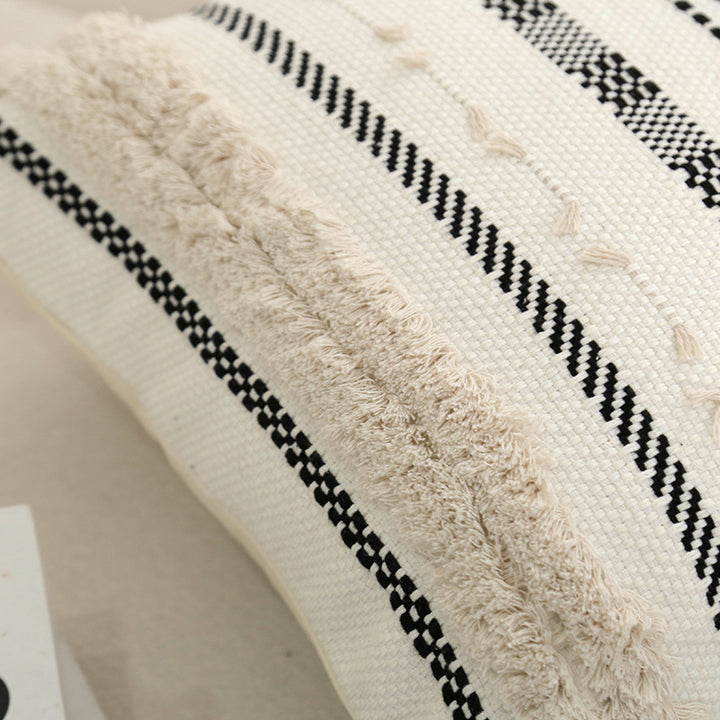 Decorative Cotton Tufted Square Throw Pillow with Tassel Corners and Geometric Stripe Embroidery