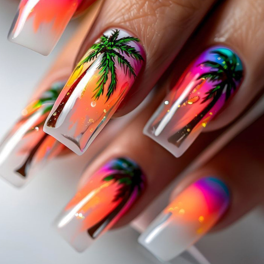 Artificial nails with tropical palm and sunset design Stornfield