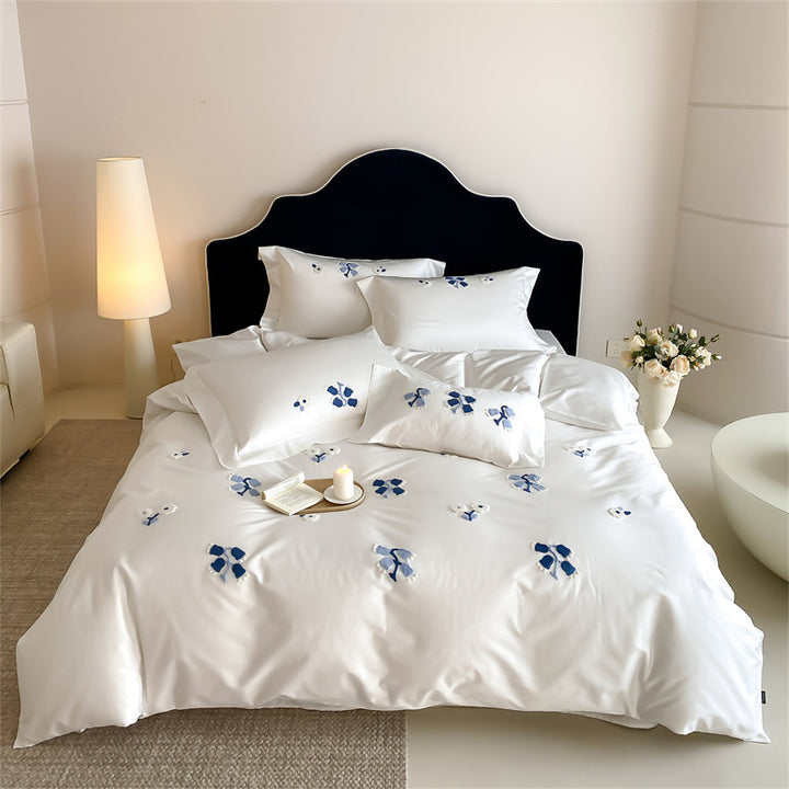 Embroidered Floral Appliqué Sateen Duvet Cover Set with Hidden Closure and Corner Ties
