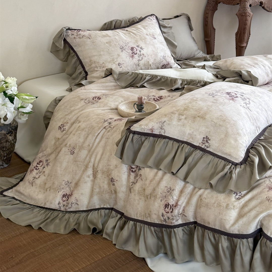 Vintage-Texture Floral Cotton Duvet Cover Ensemble with Ruffled Satin Border