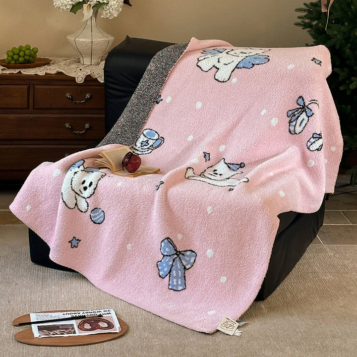 Plush Jacquard Throw Blanket with Playful Cat and Chair Motif