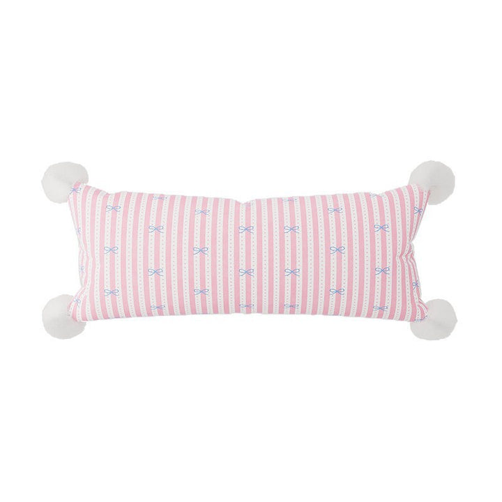 Long Lumbar Decorative Throw Pillow with Pom-Pom Corners and Bow-Striped Cotton-Linen Cover