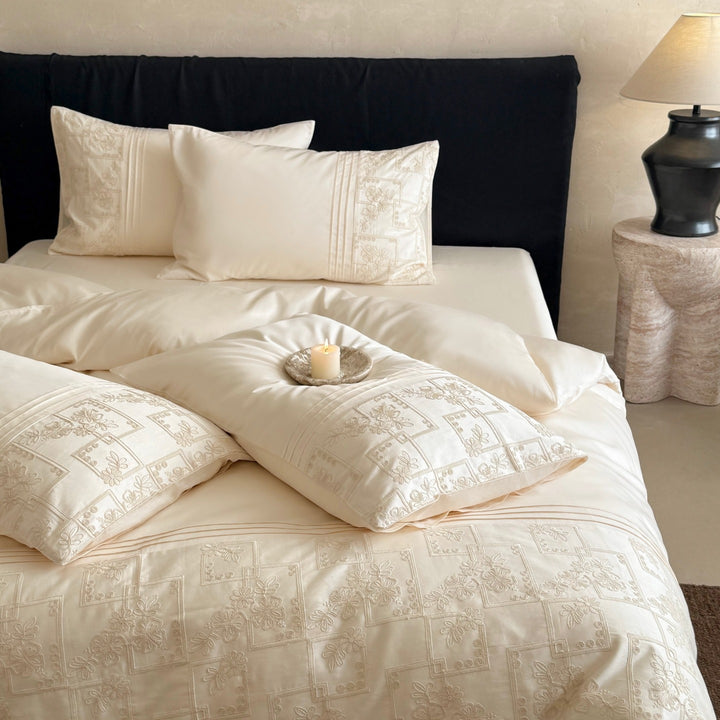 Matelassé Embroidered Cotton Duvet Cover Set with Pintuck Border & Decorative Pillow Shams