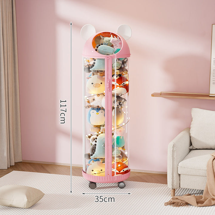 Vertical Clear Cylinder Plush Toy Storage Tower with Divided Shelves and Caster Base