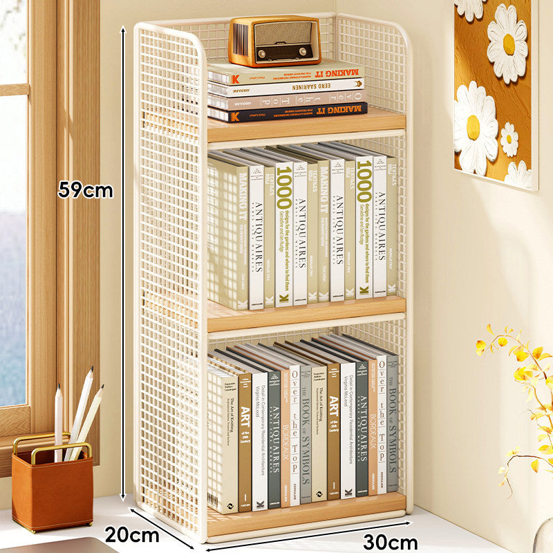 Compact Vertical Two-Tier Metal Grid Desktop Bookshelf Organizer with Solid Wood Shelves