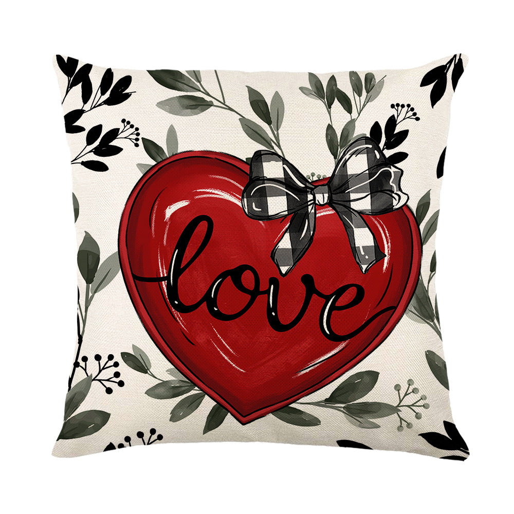 Decorative Square Cotton-Linen Throw Pillow Cover Heart 'Love' Illustration with Plaid Bow and Botanical Accents