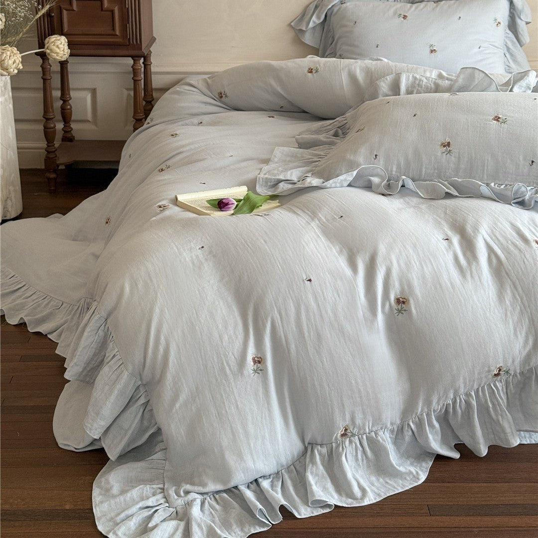 Ruffled Embroidered Linen-Blend Duvet Cover Set with Scalloped Ruffle Hem