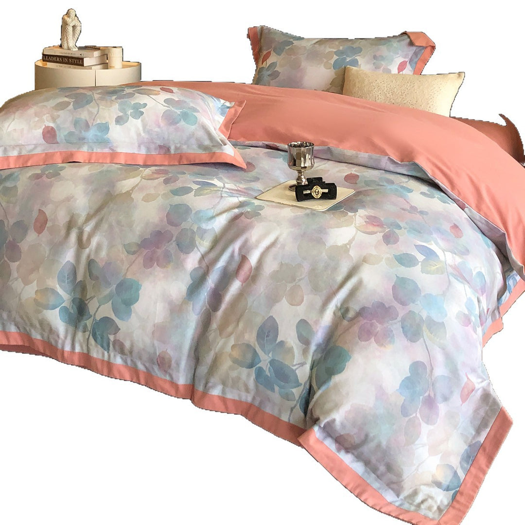 Watercolor Leaf Cotton Sateen Duvet Cover Set with Reversible Solid Back & Piped Hem