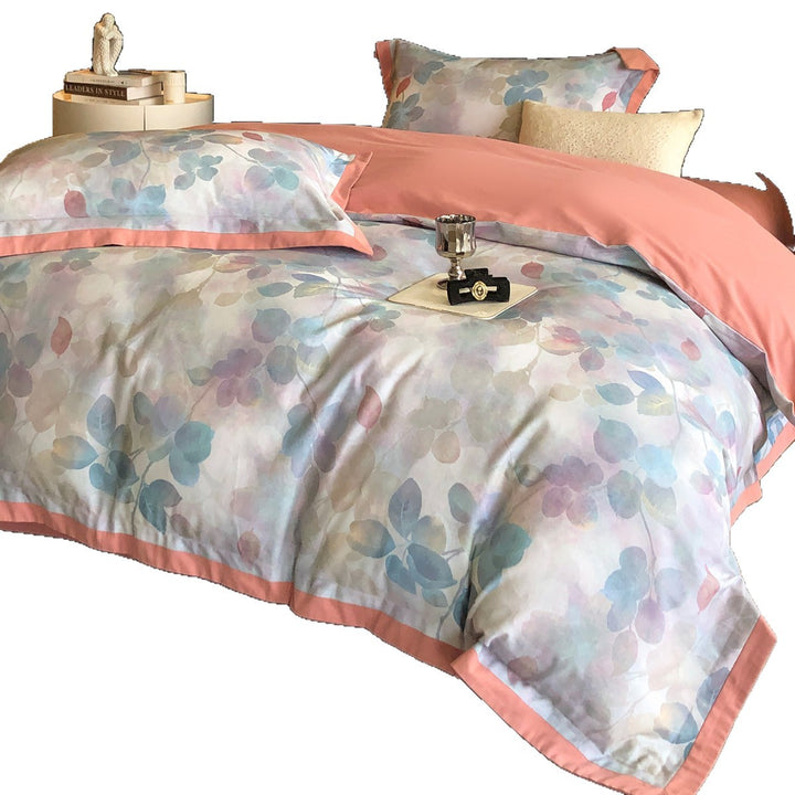 Watercolor Leaf Cotton Sateen Duvet Cover Set with Reversible Solid Back & Piped Hem