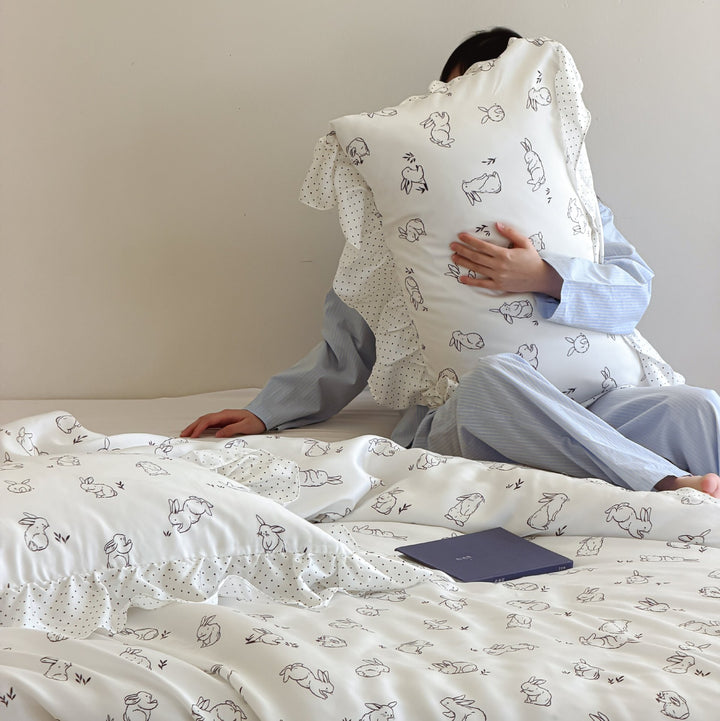 Ruffled Cotton Duvet Cover and Bed Skirt Set with Playful Bunny Print