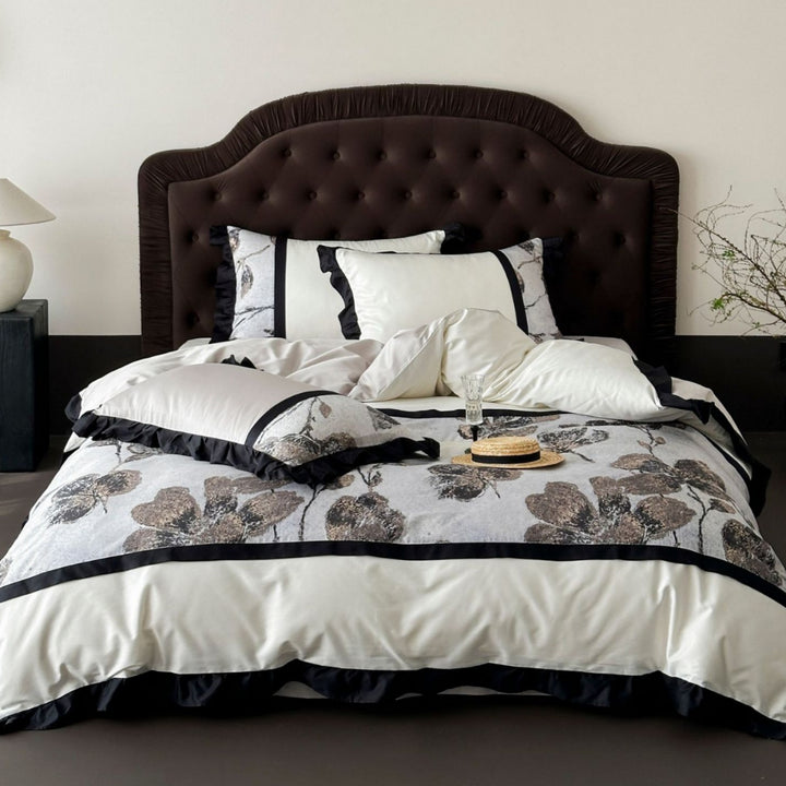 Premium bedding set made of cotton satin with floral jacquard and contrasting frill