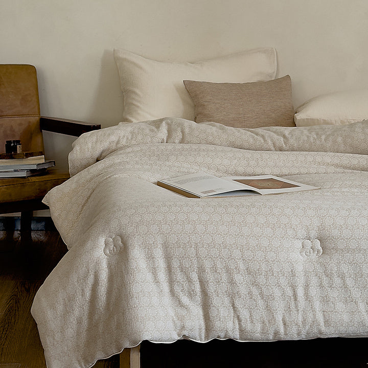 Textured Cotton Sateen Duvet Cover Set with Subtle Floral Jacquard and Button Closure