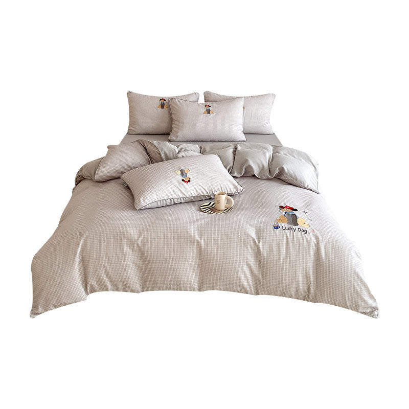 Embroidered Cotton Bedding Duvet Cover Set with Playful Lucky Dog Motif