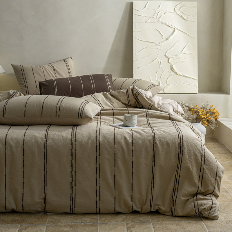 Natural cotton-linen duvet cover set with woven stripes and breathable structure
