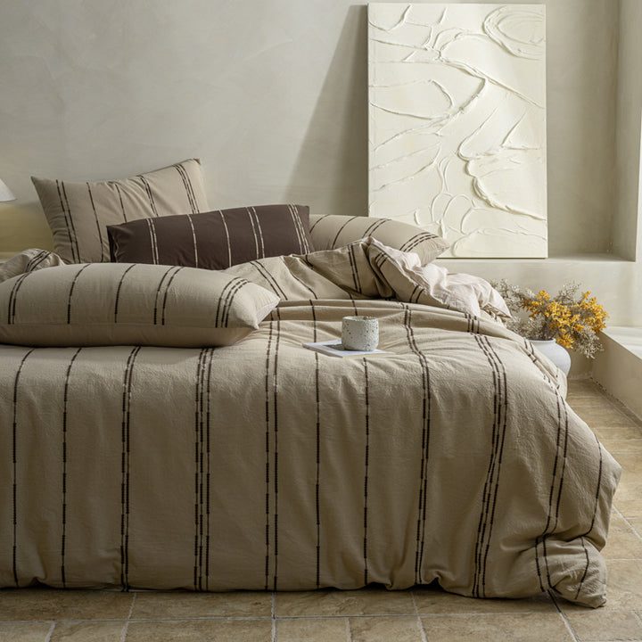 Natural cotton-linen duvet cover set with woven stripes and breathable structure