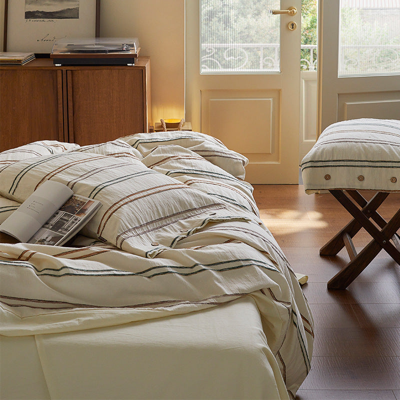 Washed Linen-Cotton Striped Duvet Cover Set with Button-Detail Pillowcases & Corner Ties
