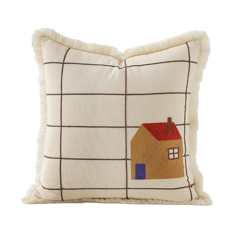 Decorative cushion cover made of cotton blend with fringes, check pattern and embroidered house Stornfield