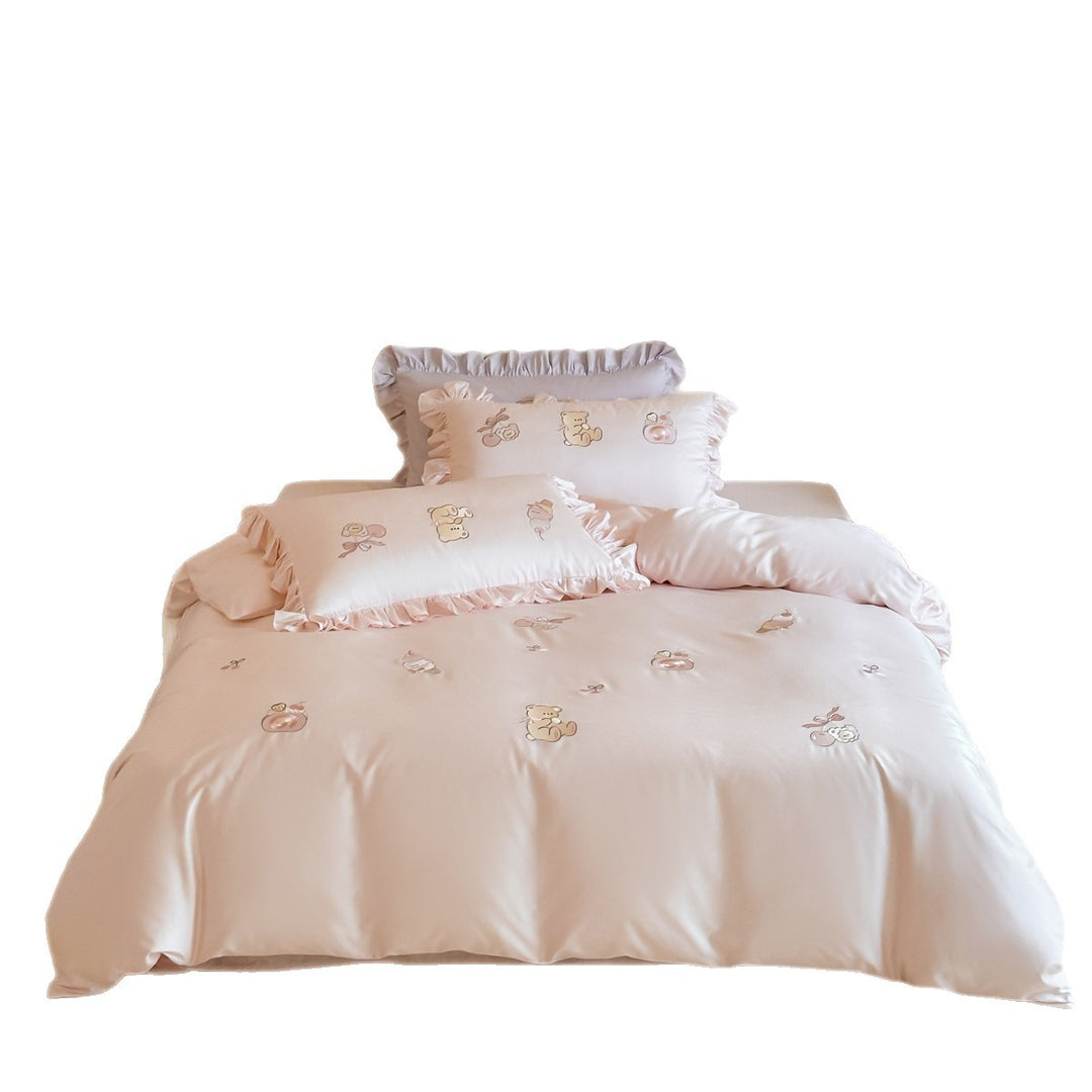 Ruffled Embroidered Duvet Cover Set with Cartoon Bear & Dessert Motifs