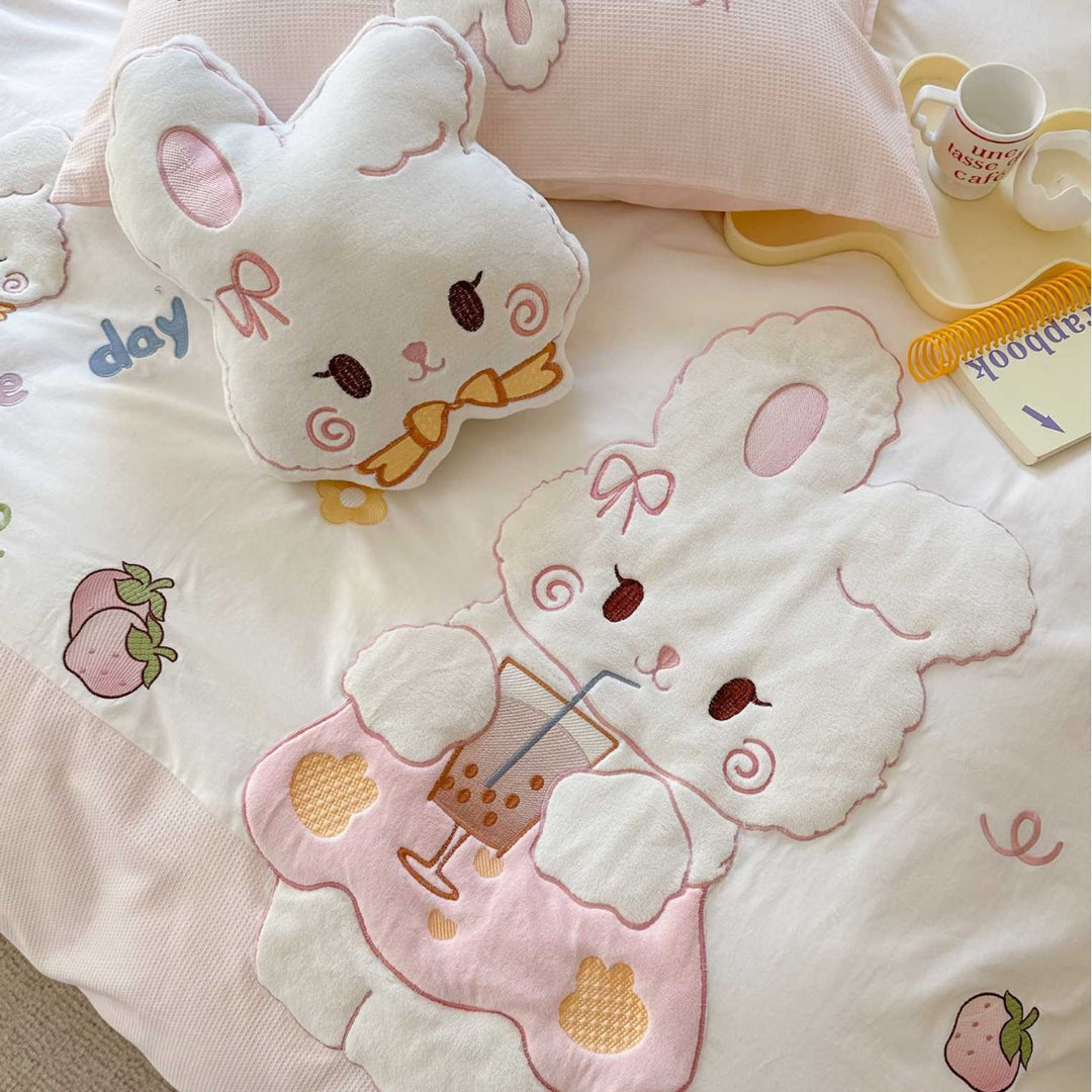 Cotton Embroidered Bunny Duvet Cover and Pillowcase Bedding Set
