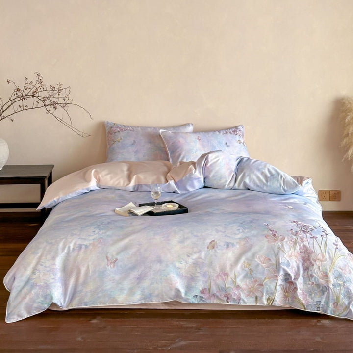 Watercolor Floral Cotton Sateen Duvet Cover Set with Reversible Solid Back and Euro Shams