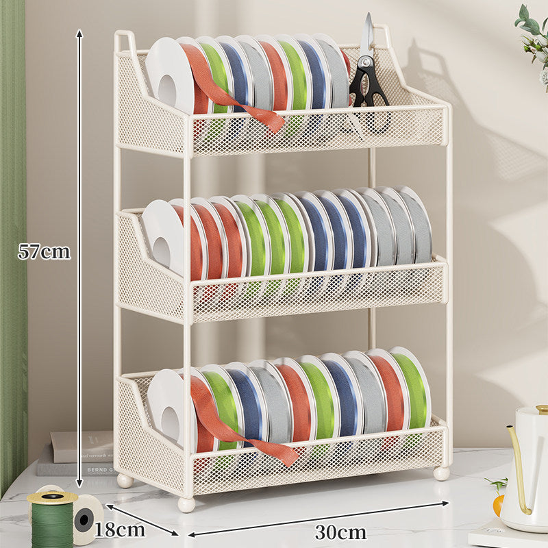 Metal Mesh Ribbon and Tape Spool Organizer with Integrated Scissor Slot