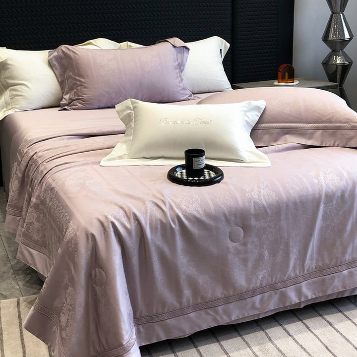 Premium bedding set made of cotton satin with subtle circle stitching and hotel closure