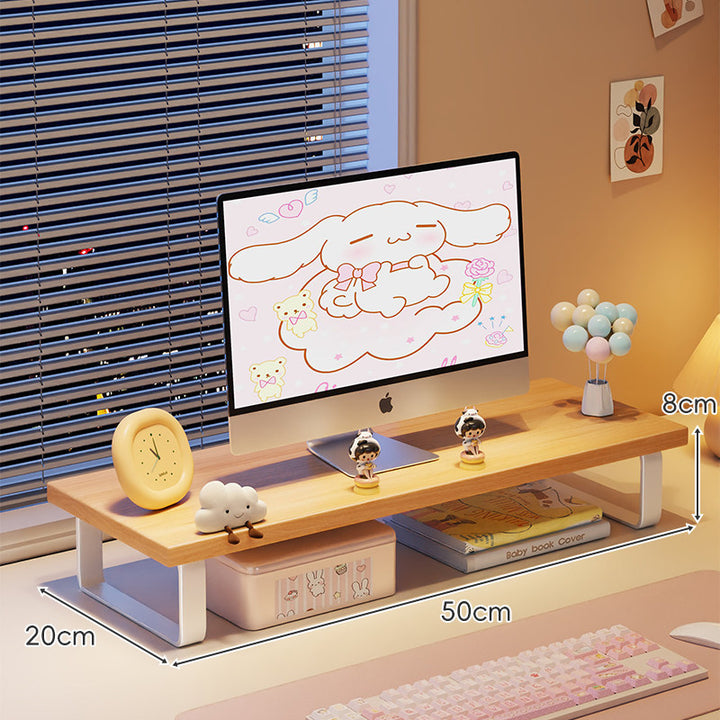 Low-Profile Wooden Monitor Riser with Metal Legs and Under-Shelf Storage