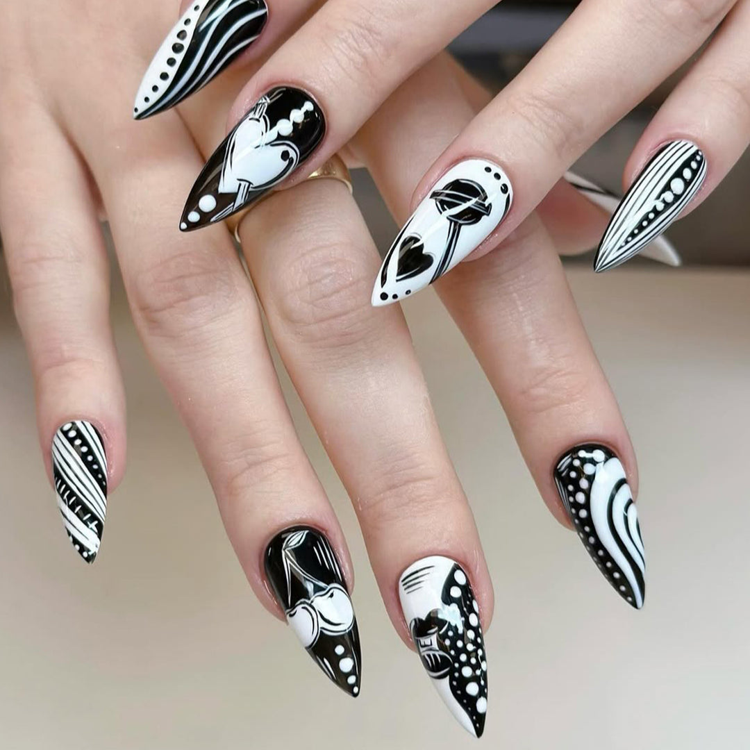 Creative Art Nails in Elegant Black-and-White Design Stornfield