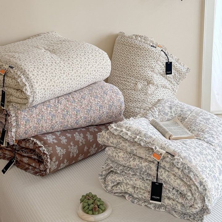 Quilted Floral Cotton Ruffle Duvet and Sham Set